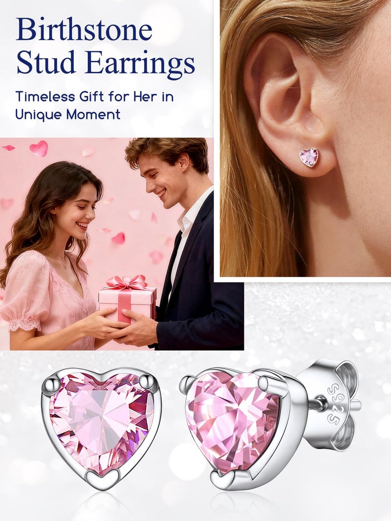Suplight 925 Sterling Silver Pink Stud Earrings for Women, Hypoallergenic Earring for Sensitive Ear Screw Back Dainty Minimalist October Birthstone Heart Earrings - Image 3